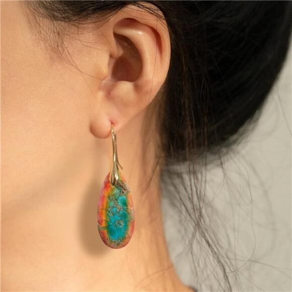 Emperor Stone Teardrop Earrings – Unique Natural Stone - Picture 2 of 3